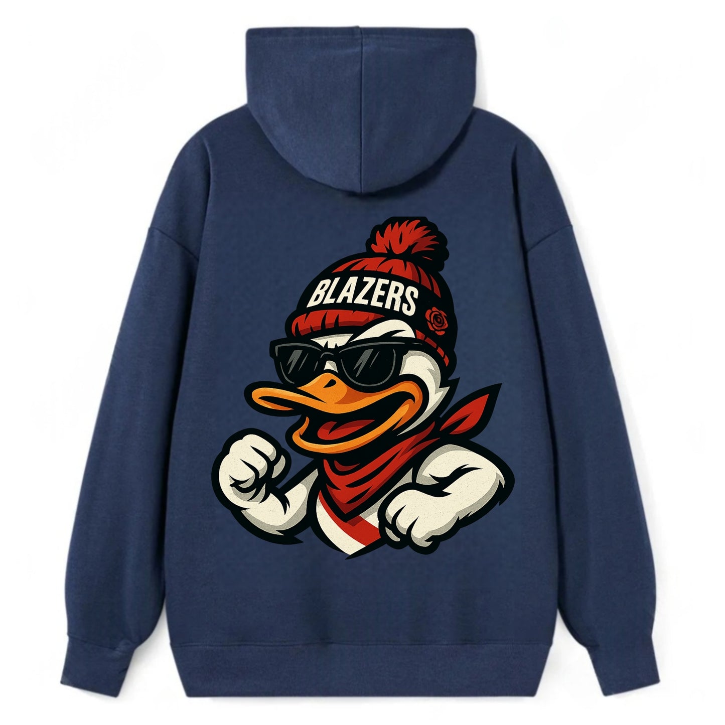 Oregon Duck wearing Trail Blazers beanie with rose patch and wayfarer - Classic Pullover Hoodie - Navy