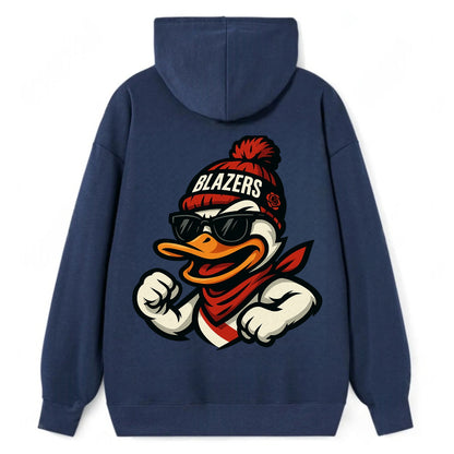 Oregon Duck wearing Trail Blazers beanie with rose patch and wayfarer - Classic Pullover Hoodie - Navy