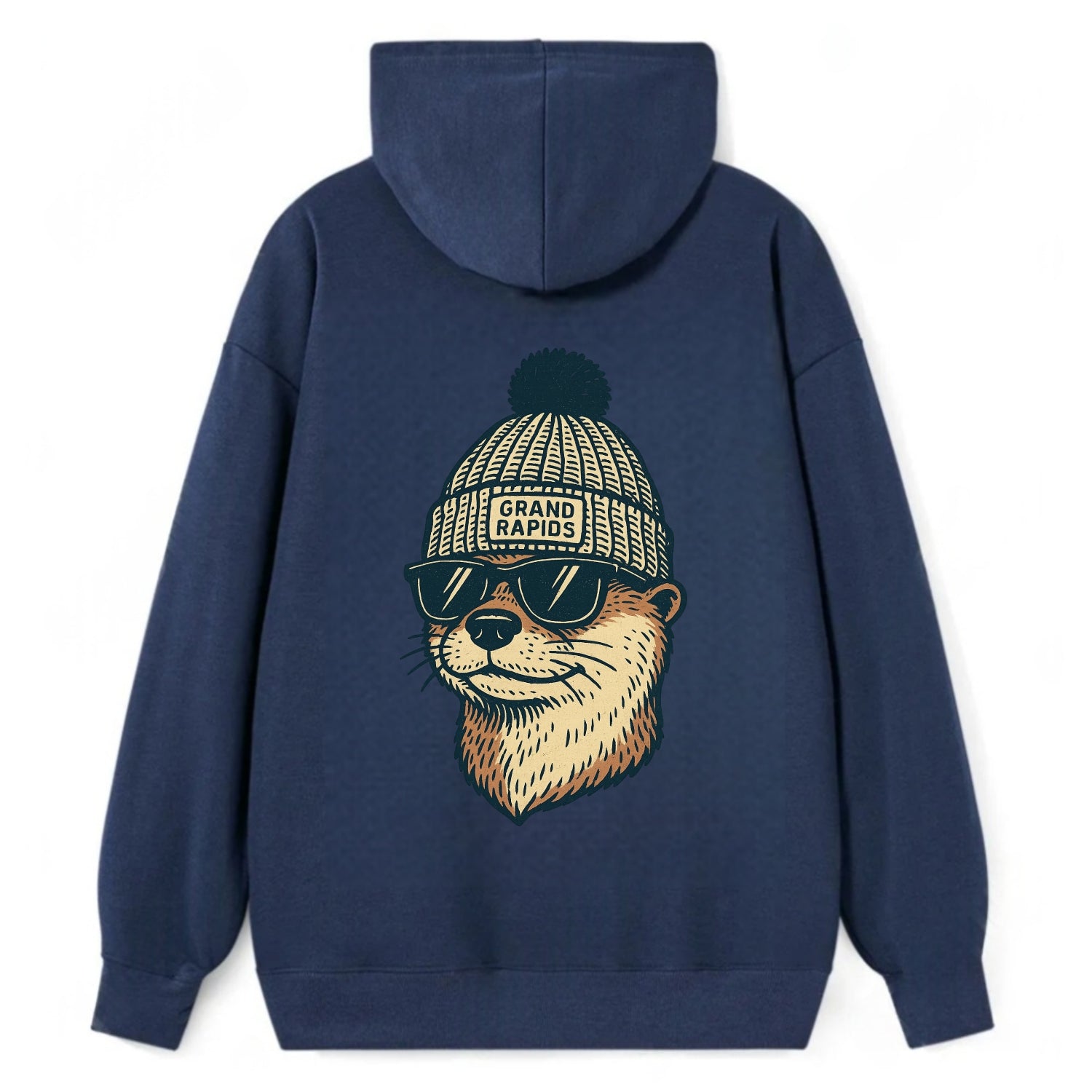 Grand Rapids River Otter wearing Grand Rapids beanie with pom pom and - Classic Pullover Hoodie - Navy