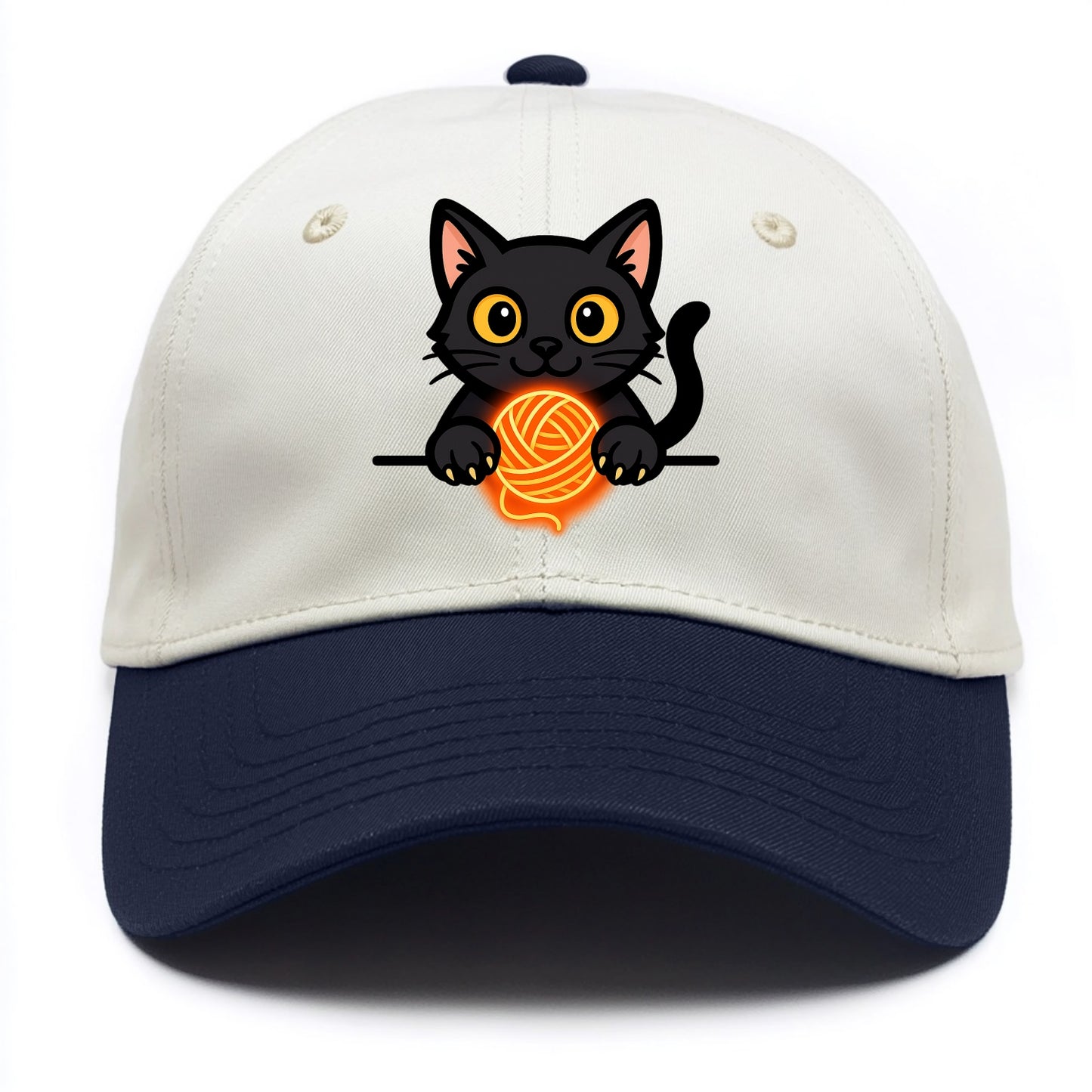 Midnight the black cat popping out of a gift box lid with ribbon trails. - Two Tone Cap - Navy