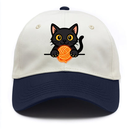 Midnight the black cat popping out of a gift box lid with ribbon trails. - Two Tone Cap - Navy