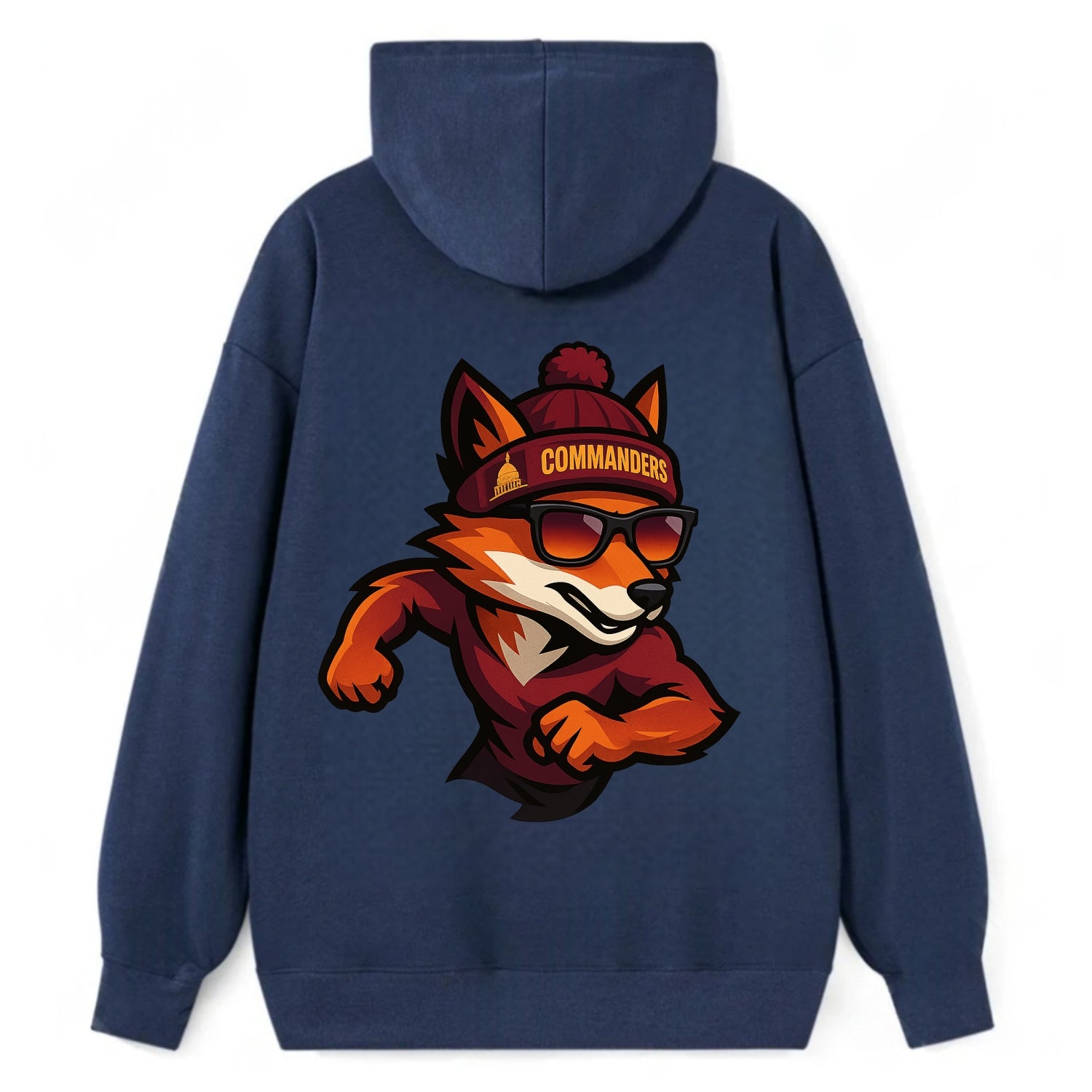 Washington Fox wearing Commanders beanie with Capitol patch and wayfarer - Classic Pullover Hoodie - Navy