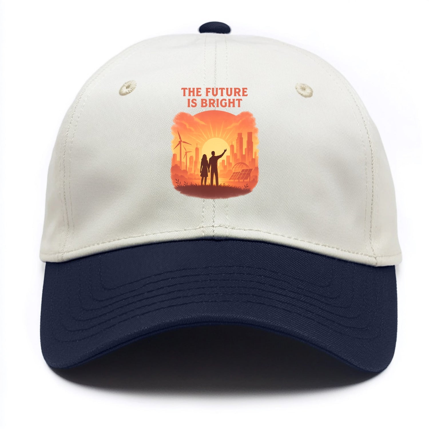 Sunrise over thriving sustainable city - "The Future is Bright" - optimistic vision - Two Tone Cap - Navy