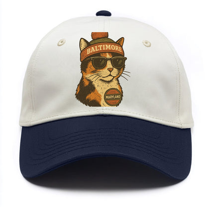 Maryland Calico Cat wearing Baltimore beanie with pom pom and wayfarer sunglasses - Two Tone Cap - Navy