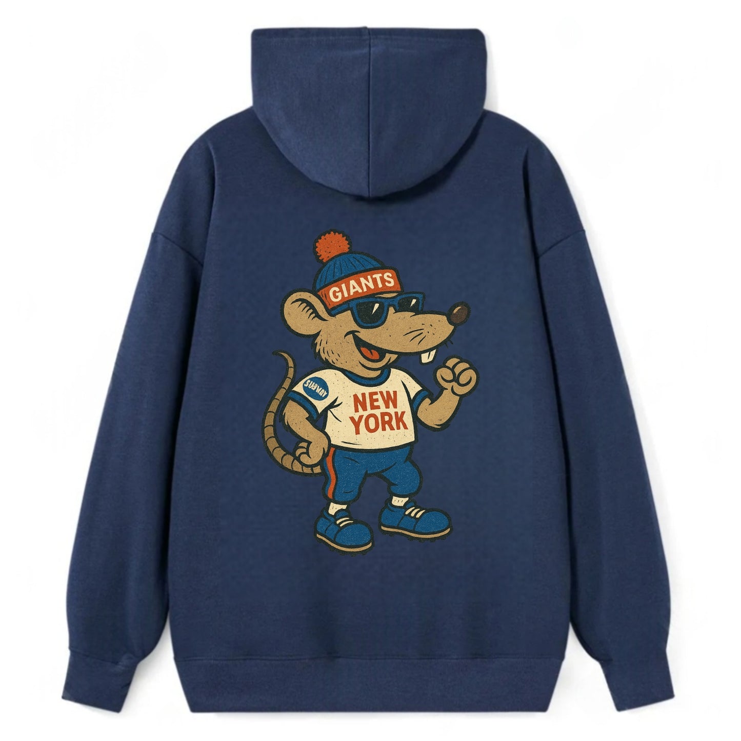 New York Rat wearing Giants beanie with subway patch and wayfarer - Classic Pullover Hoodie - Navy