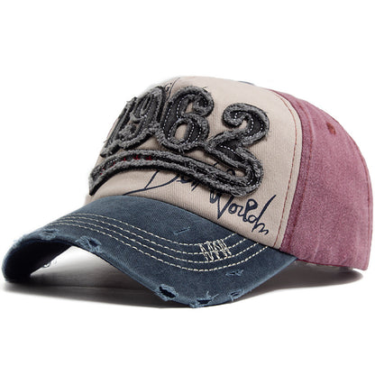 Vintage 1962 Distressed Baseball Cap - Washed Cotton Patchwork Hat with Embroidery and Adjustable Strap