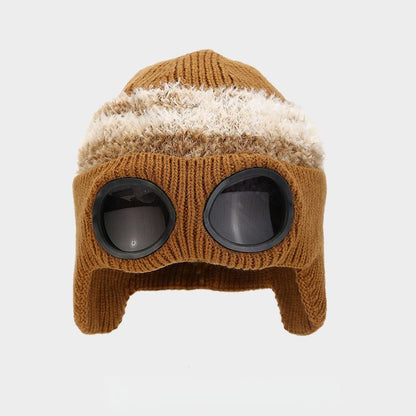 Pilot Goggles-Embellished Knitted Beanie for Unisex, Autumn Winter Warm Ski Hat, Trendy Versatile Cold-Protection Headwear