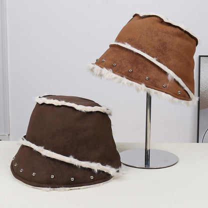 Unisex Autumn Winter New Fashion Suede Bucket Hat, Faux Rabbit Fur Lined Thickened Warm Small Brim Basin Cap, Stylish Elegant Headwear