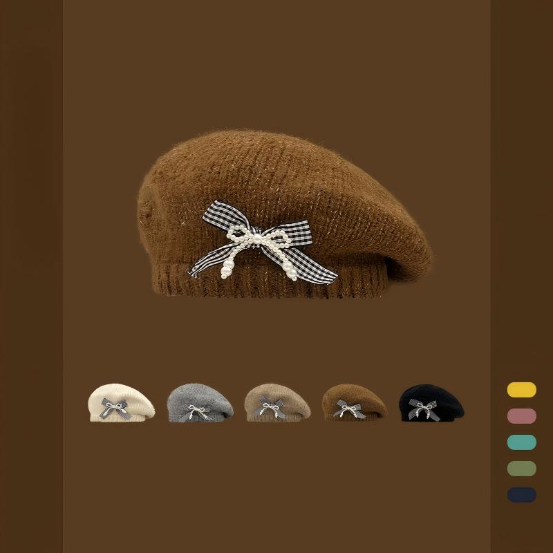 Vintage Knitted Bow Beret - Thickened Winter Hat for Cycling Skiing Outdoor Activities