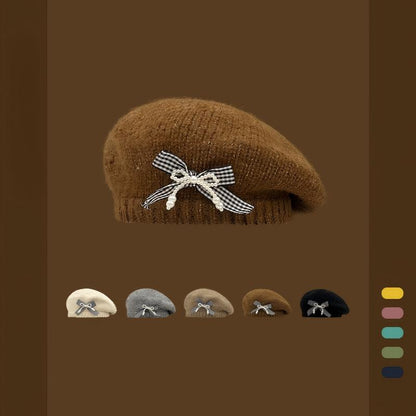 Vintage Knitted Bow Beret - Thickened Winter Hat for Cycling Skiing Outdoor Activities