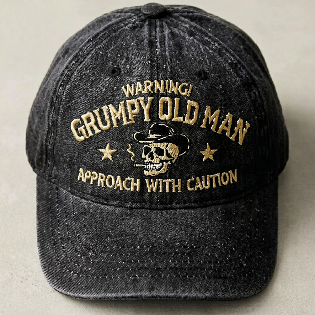 Grumpy Old Man Distressed Baseball Cap Warning Funny Embroidered Skull Hat