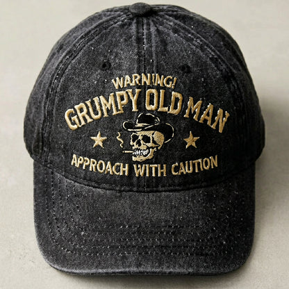Grumpy Old Man Distressed Baseball Cap Warning Funny Embroidered Skull Hat