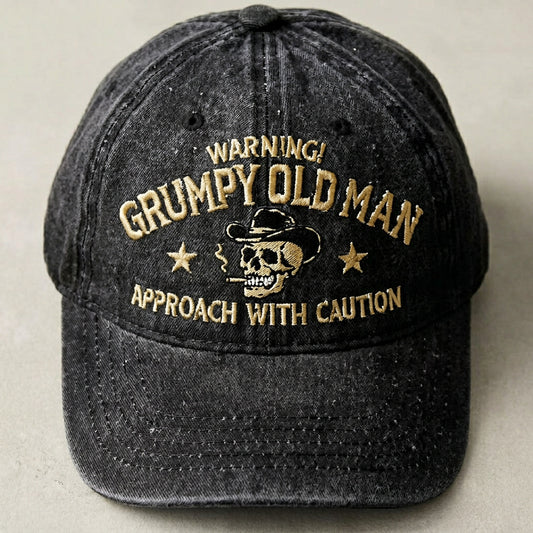 Grumpy Old Man Distressed Baseball Cap Warning Funny Embroidered Skull Hat