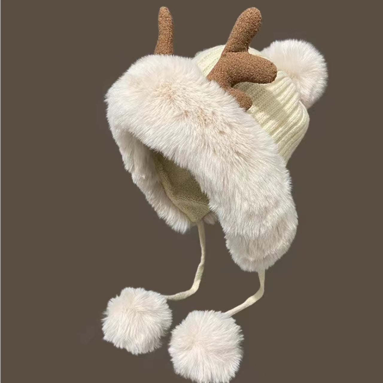 Women's Retro Christmas Knit Beanie - Cute Antler & Pom Pom, Fleece-Lined Ear Warmers for Winter Warmth