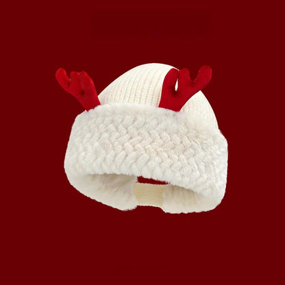 Winter Christmas Knit Beanie with Antlers - Faux Rabbit Fur, Wide Brim, Ear Warmers for Commute & Parties