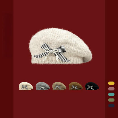 Vintage Knitted Bow Beret - Thickened Winter Hat for Cycling Skiing Outdoor Activities