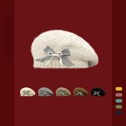 Vintage Knitted Bow Beret - Thickened Winter Hat for Cycling Skiing Outdoor Activities