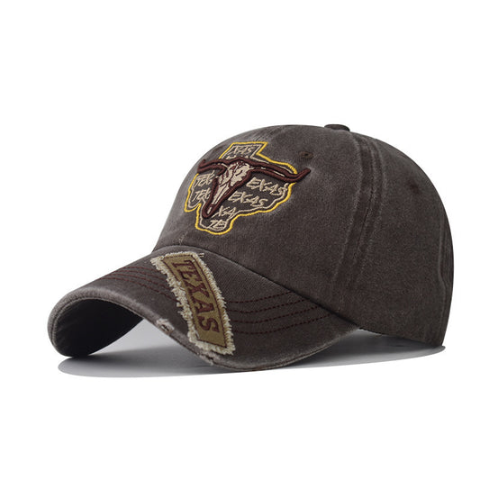 Retro Texas Longhorn Skull Embroidered Baseball Cap - Vintage Washed Cotton Hat