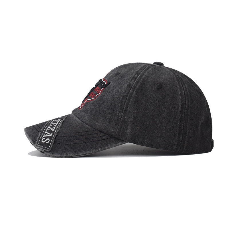 Retro Texas Longhorn Skull Embroidered Baseball Cap - Vintage Washed Cotton Hat