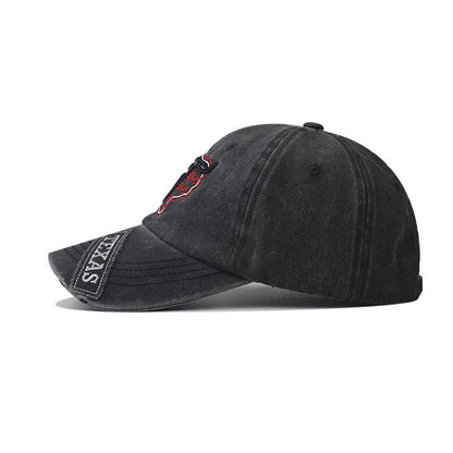 Retro Texas Longhorn Skull Embroidered Baseball Cap - Vintage Washed Cotton Hat
