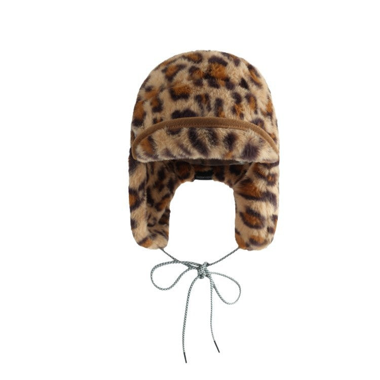 Retro Leopard Print Sherpa Ear Flap Hat - Thermal Trapper Style Winter Cap for Skiing Cycling Hiking
