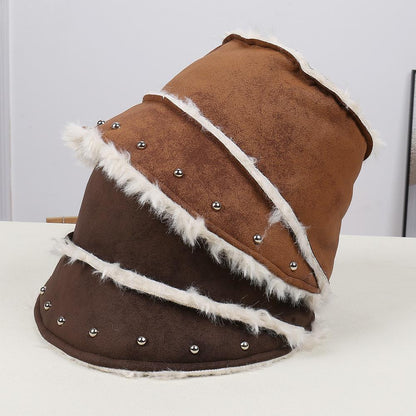 Unisex Autumn Winter New Fashion Suede Bucket Hat, Faux Rabbit Fur Lined Thickened Warm Small Brim Basin Cap, Stylish Elegant Headwear