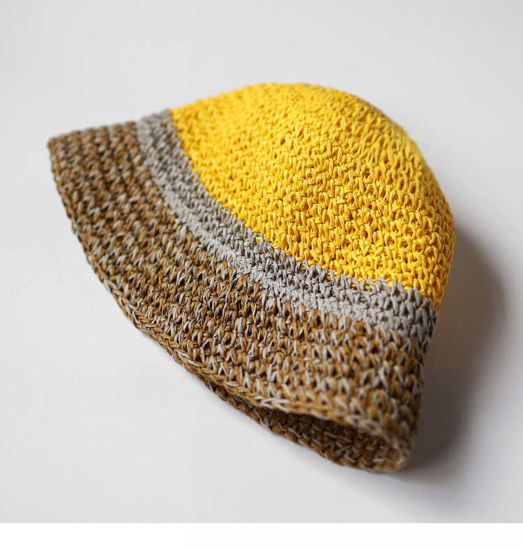 Pandaize カラーブロック 麦わら帽子 夏用 通気性 サンハット UVカット 折りたたみ式 バケットハット 男女兼用