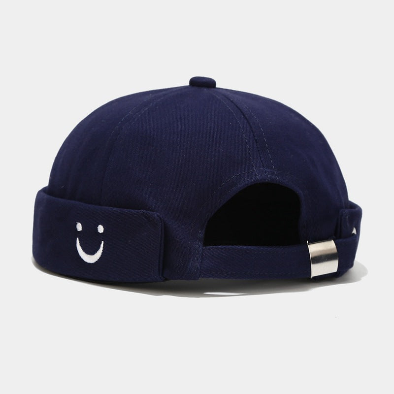 2024 New Minimalist U-Smile Face Embroidered Cotton Visor Hat - Unisex Trendy Label, Brimless Bucket Hat for Fashionable Hip Hop Style Navy Blue Hat - Size undefined