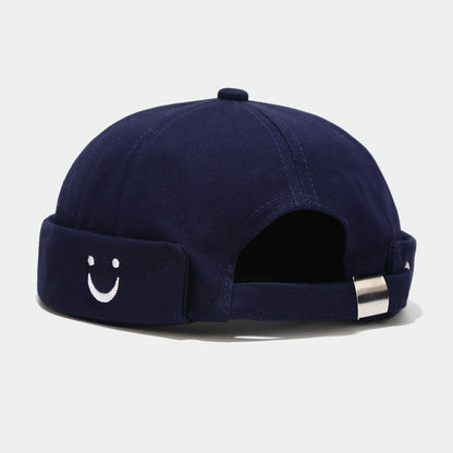 2024 New Minimalist U-Smile Face Embroidered Cotton Visor Hat - Unisex Trendy Label, Brimless Bucket Hat for Fashionable Hip Hop Style Navy Blue Hat - Size undefined
