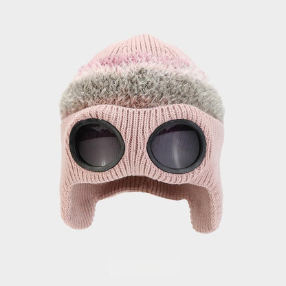 Pilot Goggles-Embellished Knitted Beanie for Unisex, Autumn Winter Warm Ski Hat, Trendy Versatile Cold-Protection Headwear