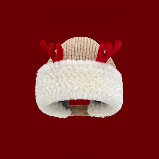 Winter Christmas Knit Beanie with Antlers - Faux Rabbit Fur, Wide Brim, Ear Warmers for Commute & Parties