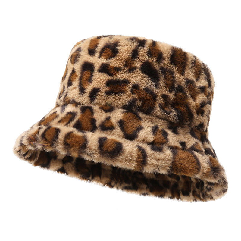 Leopard Print Bucket Hat - Plush Fisherman Beanie with Adjustable Fit for Cold Weather