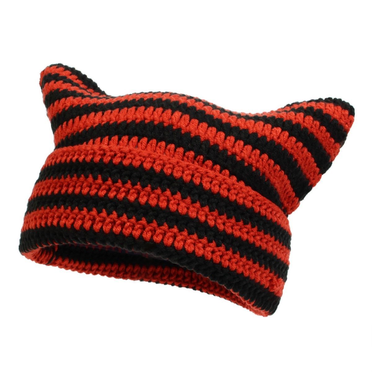 Hand-Knitted Striped Beanie - Colorblock Cotton Acrylic Blend Winter Hat - Stretchy Unisex Stocking Cap