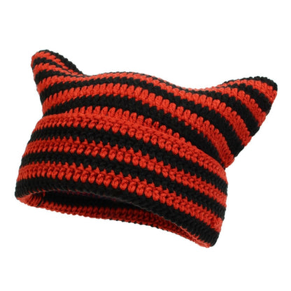 Hand-Knitted Striped Beanie - Colorblock Cotton Acrylic Blend Winter Hat - Stretchy Unisex Stocking Cap