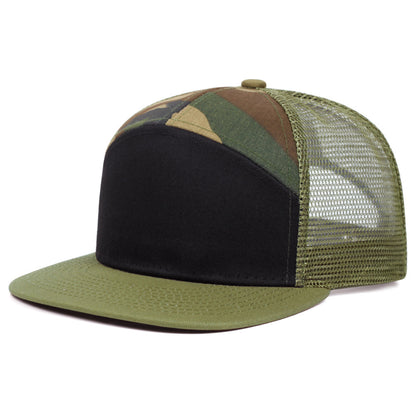 7-Panel Flat Brim Trucker Hat – Breathable Mesh Back, Lightweight Cotton Blend, Unisex Summer Outdoor Sun Protection Cap