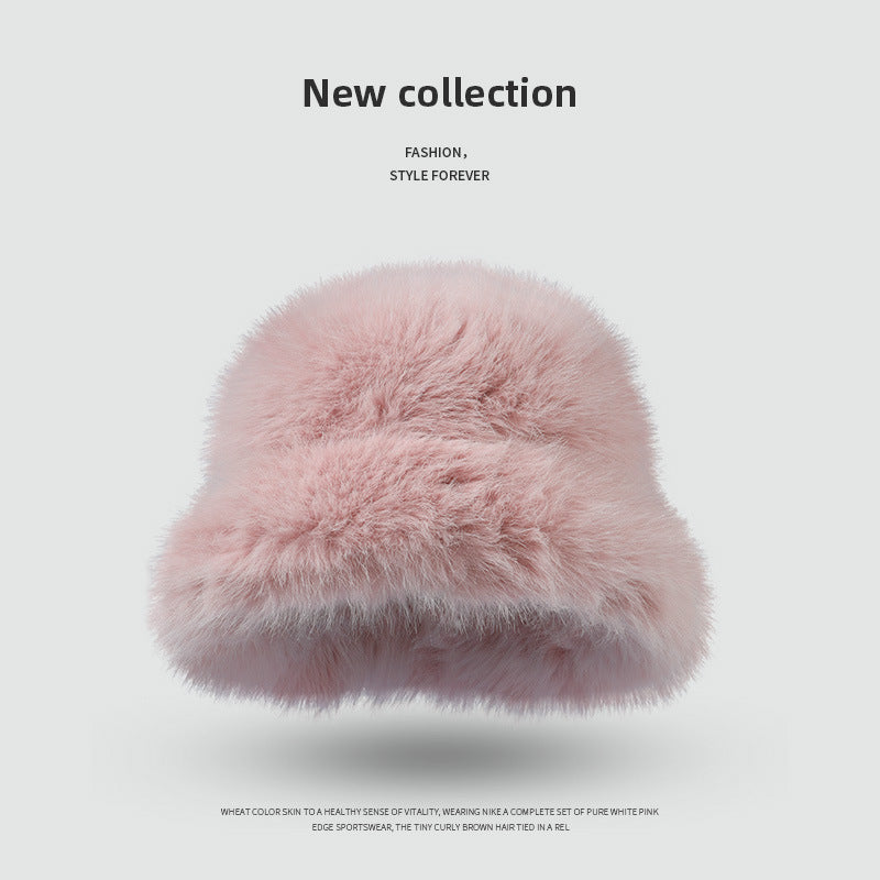 Faux Rabbit Fur Women's Bucket Hat – Winter Plush Thick Warm Fashionable Hat