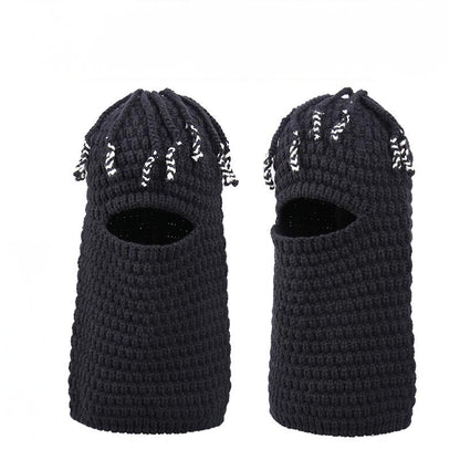 Knitted Beanie for Unisex, Autumn Winter Funny Ear-Warming Mask-Integrated Cap, Trendy Headwear