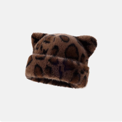 Chic Leopard Fuzzy Beanie – Soft Plush Winter Hat for Women, Cozy & Vintage Style