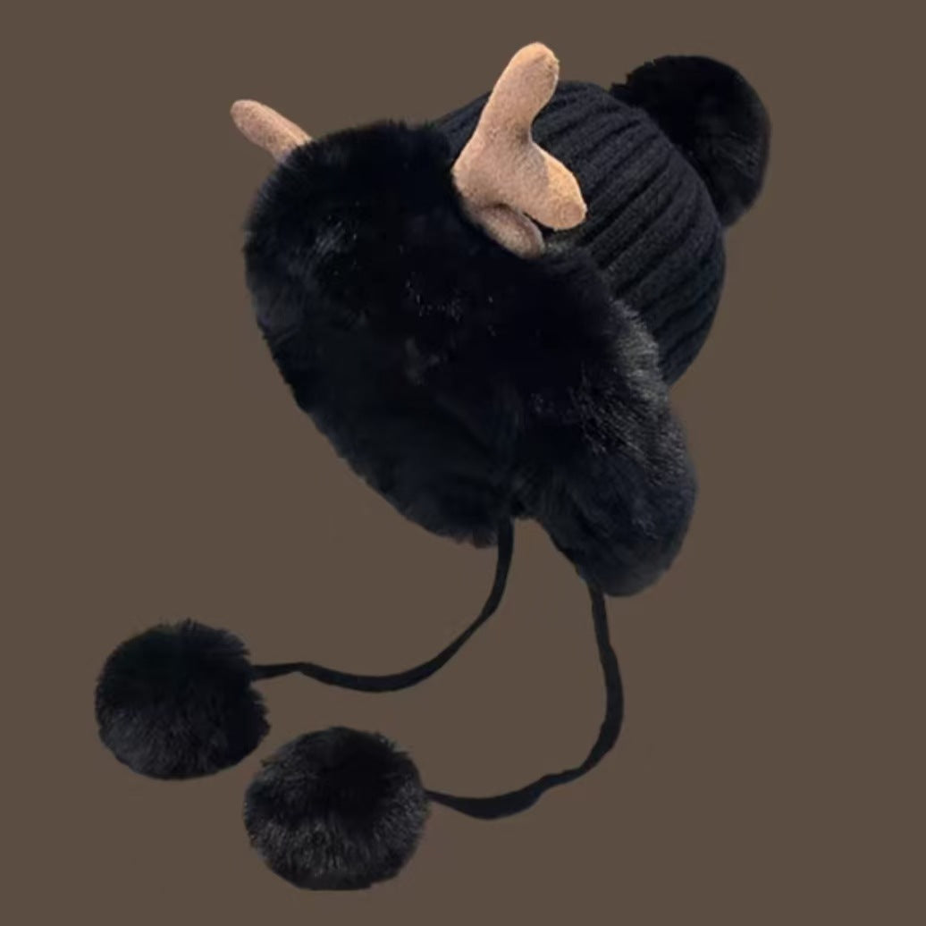 Women's Retro Christmas Knit Beanie - Cute Antler & Pom Pom, Fleece-Lined Ear Warmers for Winter Warmth