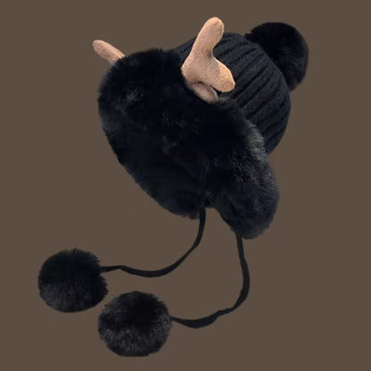 Women's Retro Christmas Knit Beanie - Cute Antler & Pom Pom, Fleece-Lined Ear Warmers for Winter Warmth