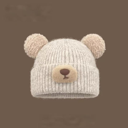 Women's Autumn Winter Knit Beanie with Bear Ears - Fleece Lined, Warm Close-Fit for Cold Days