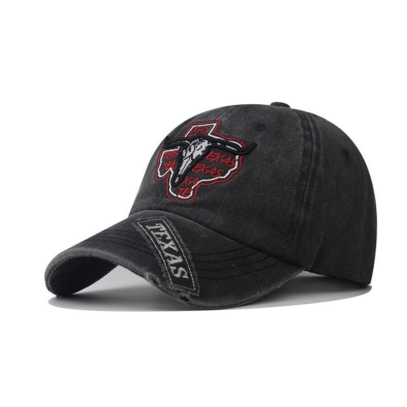 Retro Texas Longhorn Skull Embroidered Baseball Cap - Vintage Washed Cotton Hat