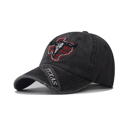 Retro Texas Longhorn Skull Embroidered Baseball Cap - Vintage Washed Cotton Hat