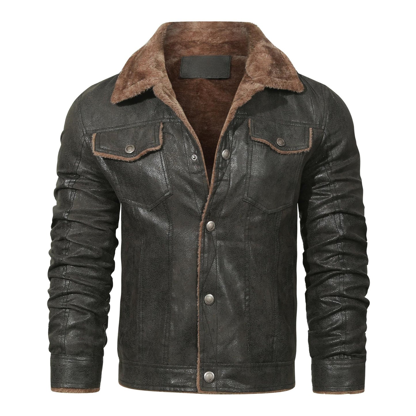 Men's Warm Fleece PU Leather Jacket, Casual Lapel Faux Leather Jacket Coat For Fall Winter