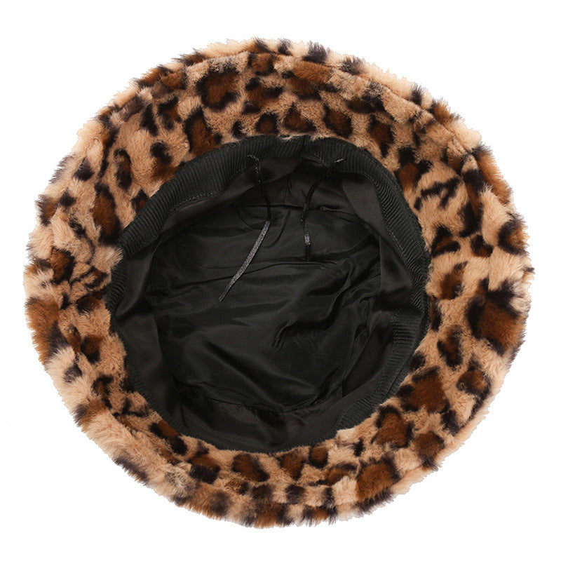 Leopard Print Bucket Hat - Plush Fisherman Beanie with Adjustable Fit for Cold Weather