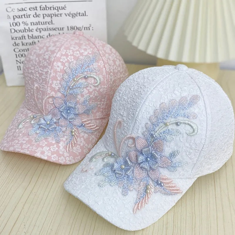Floral Lace Baseball Cap - Sweet Embroidered Flower & Pearl Accent Hat for Women (Vintage Summer Style)