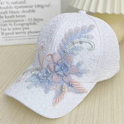 Floral Lace Baseball Cap - Sweet Embroidered Flower & Pearl Accent Hat for Women (Vintage Summer Style)