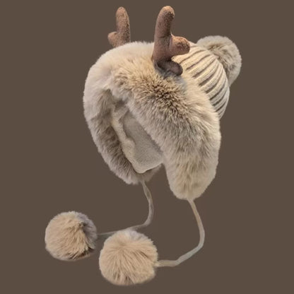 Women's Retro Christmas Knit Beanie - Cute Antler & Pom Pom, Fleece-Lined Ear Warmers for Winter Warmth