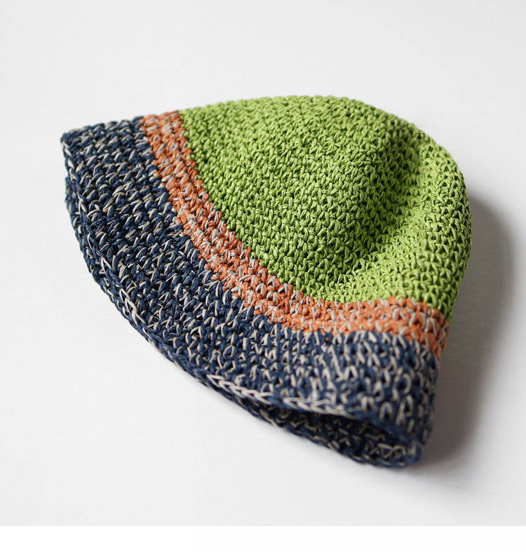 Pandaize カラーブロック 麦わら帽子 夏用 通気性 サンハット UVカット 折りたたみ式 バケットハット 男女兼用