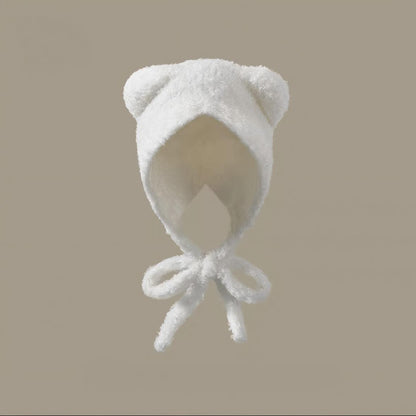 Women's Plush Bear Knitted Beanie - Winter Windproof Ear Protection Hat - Hand Crochet Cotton Acrylic Blend